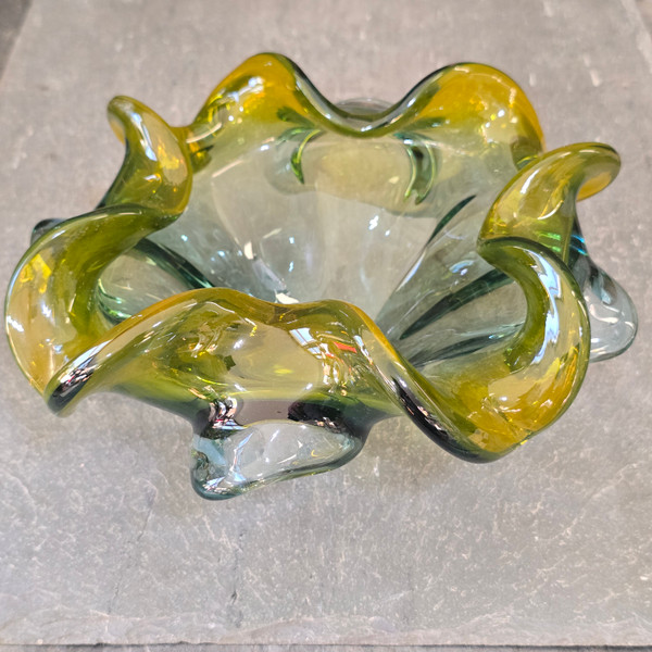Vintage Green & Yellow Murano Art Glass Bowl Ruffled Swung Rim Manganese Glow