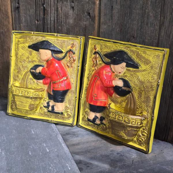 Pair of Vintage Mid-Century Chalkware Wall Plaques Asian Couple Chalk Decor MCM