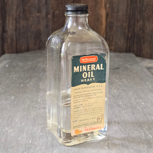 Vintage McKesson's Mineral Oil Glass Bottle Original Label & Contents Pint