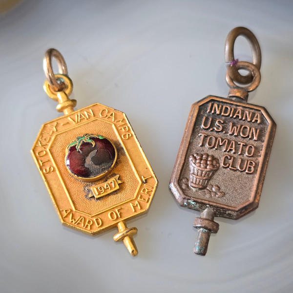 Lot 2 Vintage 1940's Stokely-Van Award Merit Indiana Tomato Club Pendant Charms Lot 2 Vintage 1940's Stokely-Van Award Merit Indiana Tomato Club Pendant Charms