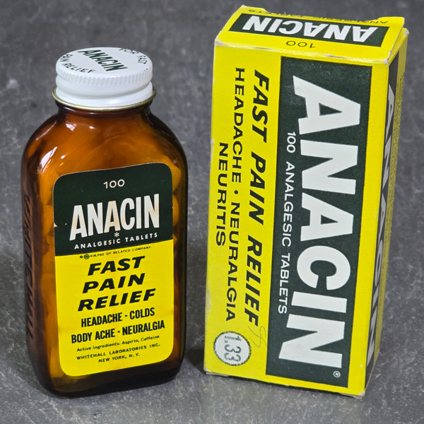 NOS Anacin Sealed Analgesic Tablets Glass Bottle in Original Box Pills Medicine