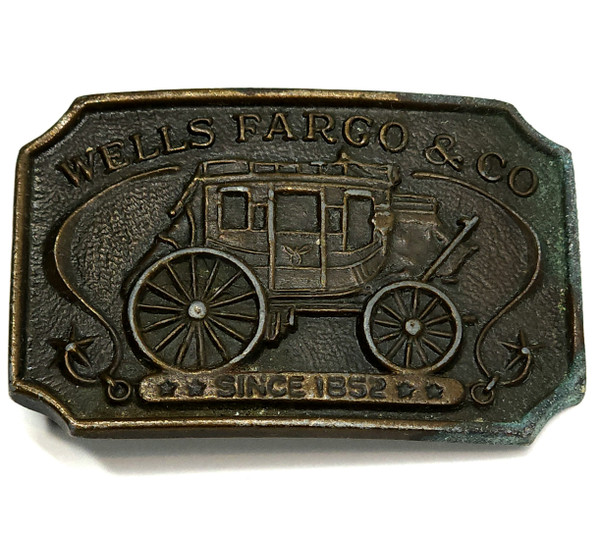 Vintage Brass Tone Belt Buckle Embossed Wells Fargo & Co. Advertising Carriage