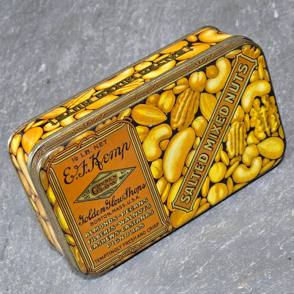 E.F. Kemp Golden Glow Salted Mixed Nuts Vintage Advertising Tin Box Boston, MA