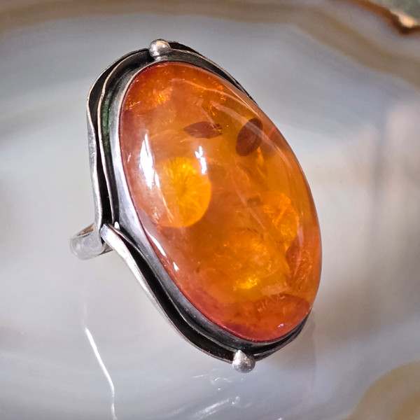 Sterling Silver Antique Estate Ring with Large Natural Amber Cabochon Size 8 3/4