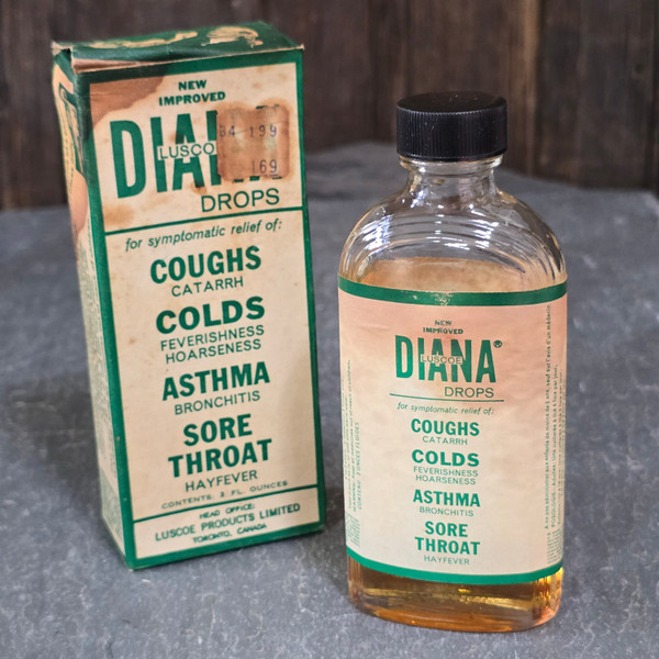 Vintage Luscoe Band Diana Drops Cold & Cough Syrup Medicine Bottle Original Box