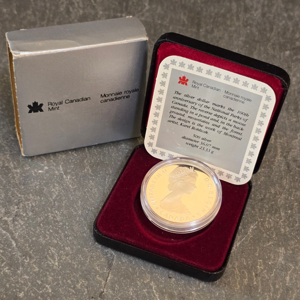 1985 Royal Canadian Mint National Parks Moose Silver Dollar Coin Proof in Box