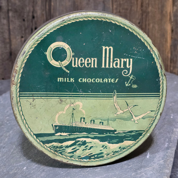 Queen Mary Milk Chocolates Vintage Candy Advertising Tin Box w/ Ocean Liner Ship