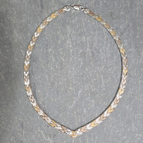 Vintage Tri-Color Sterling Silver Italian .925 Wide Flat Necklace Chain Arrows