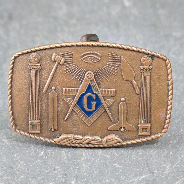 1981 Vintage Harry Klitzner Co. Brass Masonic Symbols Emblem Belt Buckle