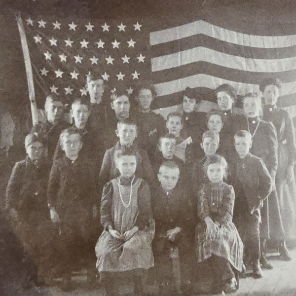 Antique Late Victorian One Room Schoolhouse Class Photo Giant American Flag