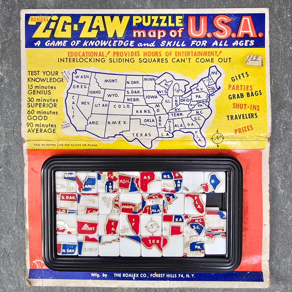 Roalex Co. Zig-Zaw Puzzle Map of U.S.A. United States Sliding Tile Toy NOS Card