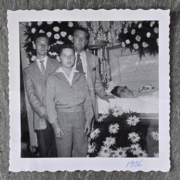 Father & Two Sons Woman's Casket Coffin Post-Mortem Snapshot Photo 1956 Funeral