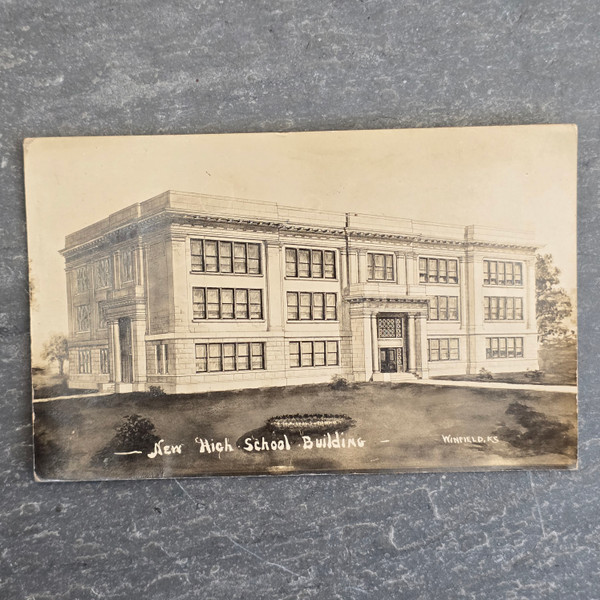 Antique RPPC Real Photo Postcard of Painting of New High School Winfield, Kansas