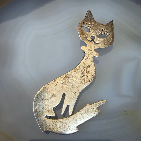 Vintage Taxco Modernist Kitty Cat with Long Eyelashes Sterling Silver Brooch Pin