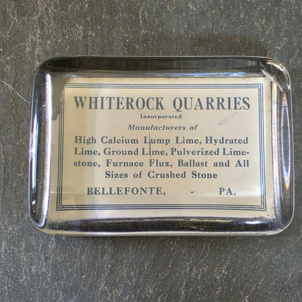 Whiterock Quarries Inc. Bellefonte, PA Vintage Glass Advertising Paperweight