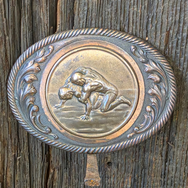 Retro Vintage Wrestling Themed Bronze Tone Belt Buckle with Embossed Wrestlers