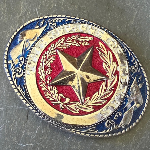 Vintage Silver Tone The State of Texas Big Star Red & Blue Enameled Belt Buckle