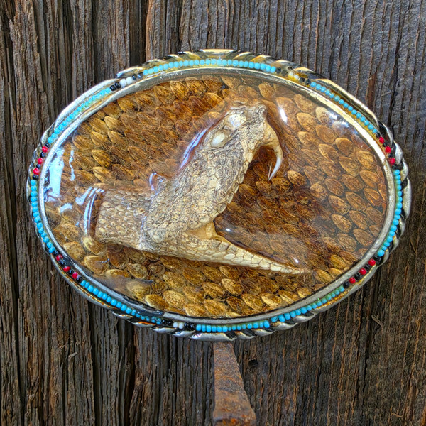 Vintage S.S.I. Diamondback Rattler Real Resin Encased Rattlesnake Belt Buckle