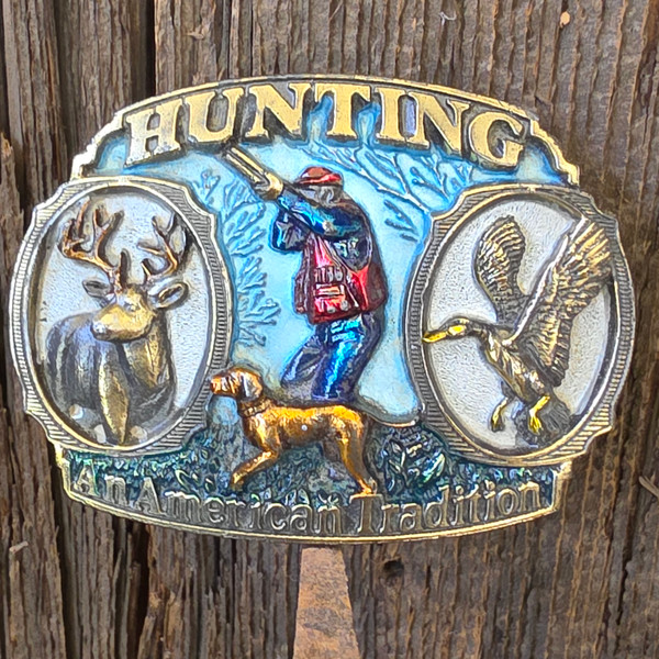 1986 Vintage Enameled Hunting An American Tradition Belt Buckle Hunter & Dog