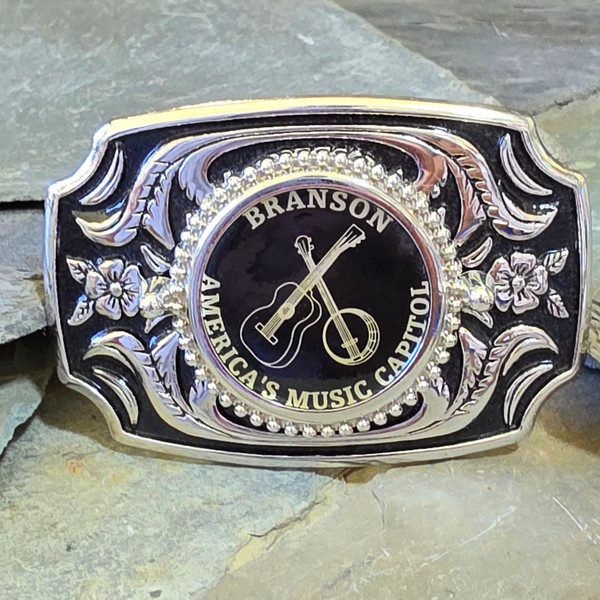 Branson, Missouri America's Music Capitol Western Style Chrome Black Belt Buckle