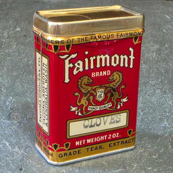 NOS Vintage Fairmont Brand Cloves Spice Tin Can Tacoma Grocery Co Washington Box