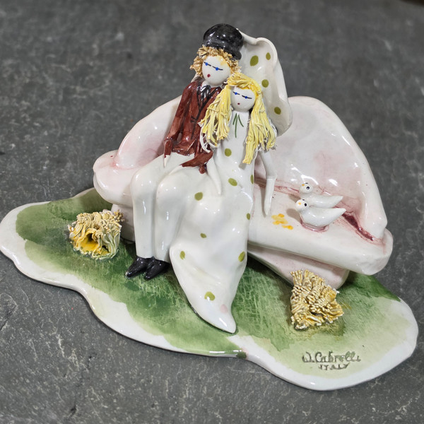 W. Cabrelli Vintage Italy Capodimonte Porcelain Handmade Figure Couple on Bench