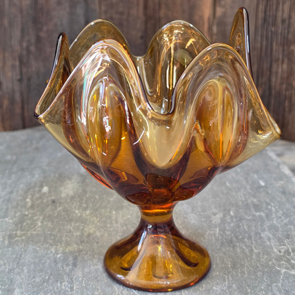 Viking Glass Epic 6 Petal Amber Pedestal Compote Bowl Vintage MCM Candy Dish