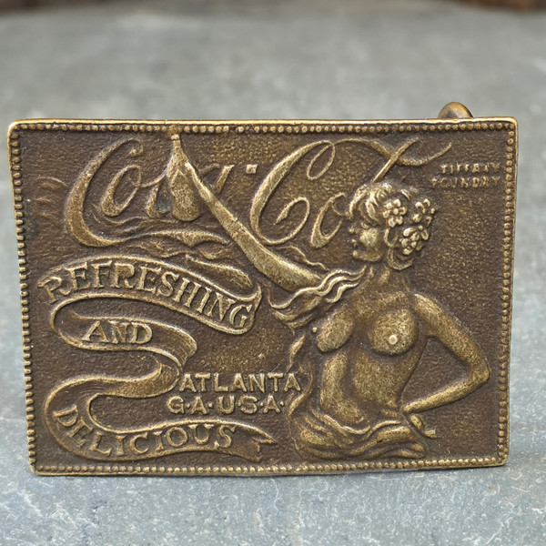 Vintage Coca-Cola Fantasy Advertising Belt Buckle w/ Nude Woman Soda Pop Bottle
