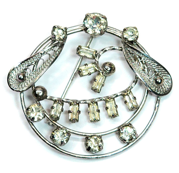 Vintage Espo Flex Sterling Silver Filigree Abstract Brooch Pin Rhinestones