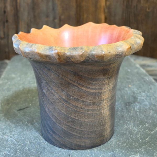 Artisan Signed W.E. Harmon Decorative Turned Wood Vase with Flared Ruffled Rim