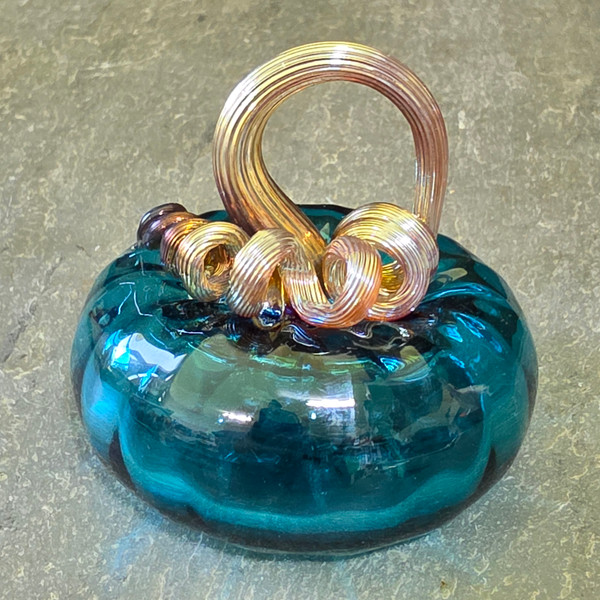 Teal Blue Blown Art Glass Pumpkin Iridescent Gold Stem Signed Paperweight