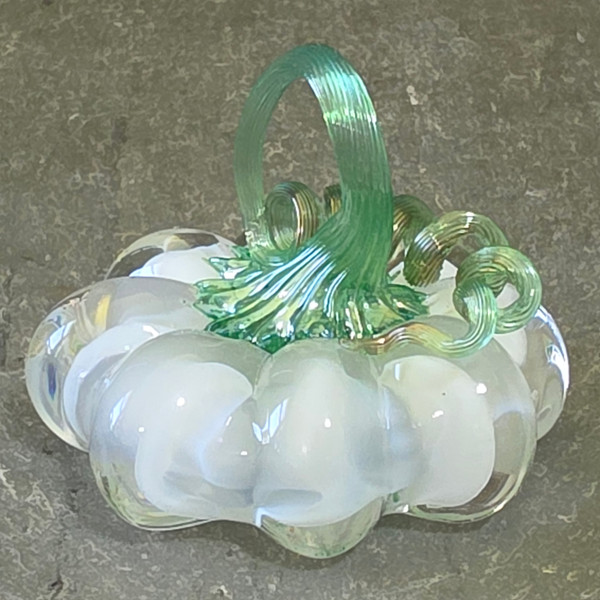Cased White Blown Art Glass Pumpkin Iridescent Green Stem Signed Paperweight