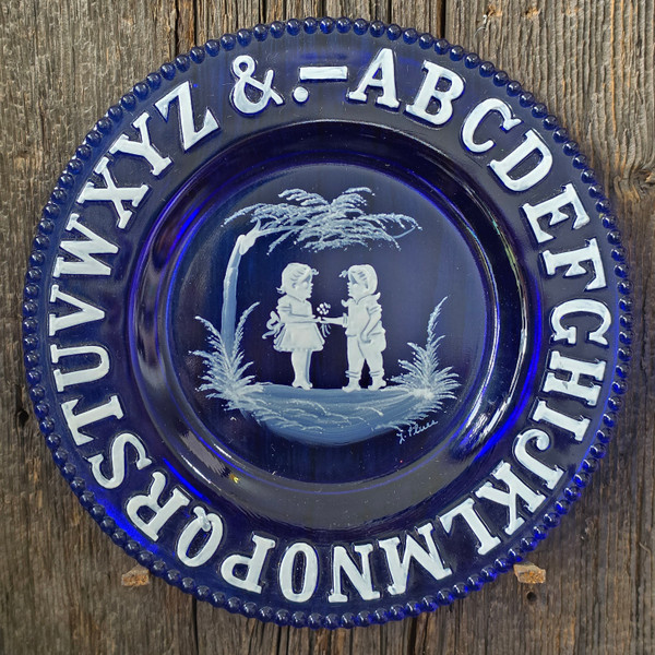 Westmoreland Cobalt Blue Glass Alphabet Child Plate Mary Gregory Boy Girl L Plues