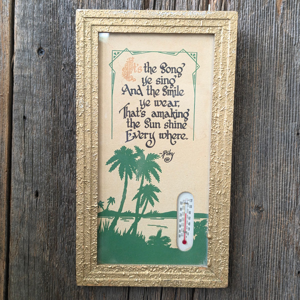 Vintage James Whitcomb Riley Palm Tree Framed Thermometer Plaque Gold Frame Deco