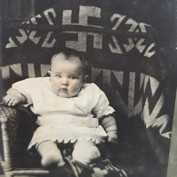 Antique RPPC Baby Swastika Native American Blanket Backdrop Photo Postcard ID'd
