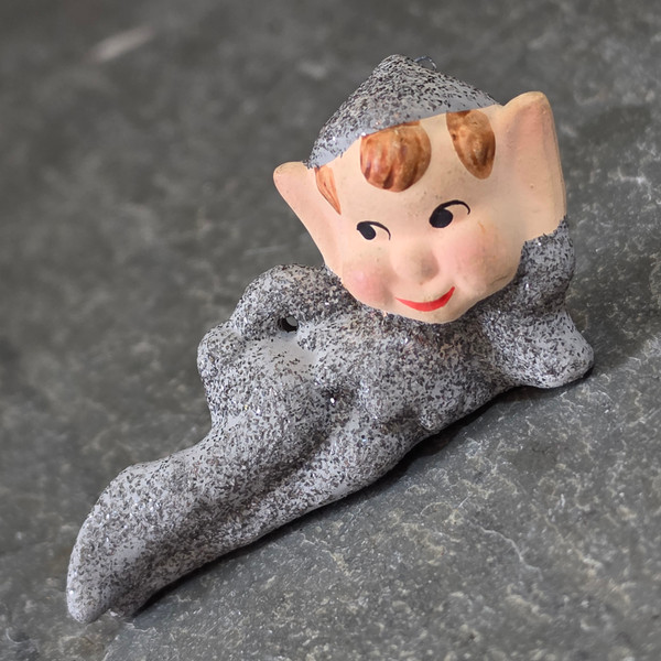 Vintage 1950s Japan Mica Glitter Reclining Pixie Elf Ornament Figurine Christmas