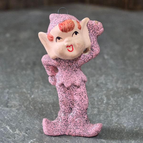 MCM 1950s Japan Pink Mica Glitter Standing Pixie Elf Ornament Figurine Christmas