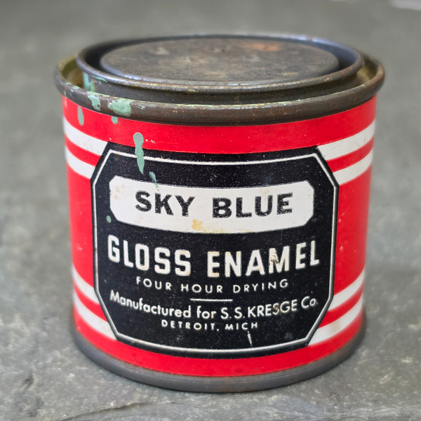 Vintage S.S. Kresge Co Sky Blue Gloss Enamel Paint Can 4 oz Detroit Tin Contents