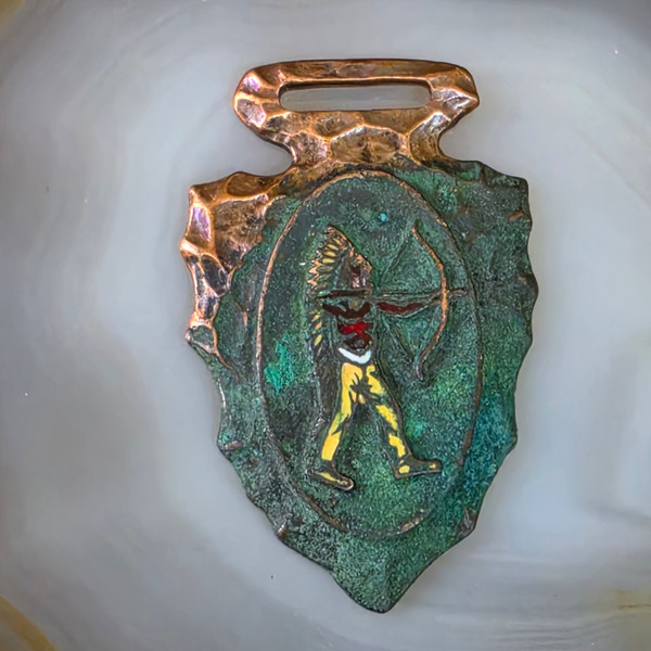 Antique Copper Native American Arrowhead Enameled Indian Bow Arrow Watch Fob
