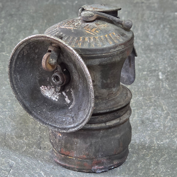 Antique Auto-Lite Coal Miners Brass Helmet Lantern Carbide Lamp Light Distressed