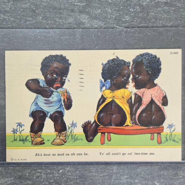 Vintage Black Americana Postcard Posted 1941 Chocolate Drops C243 Kids on Bench Slingshot