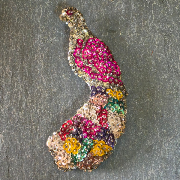 Vintage Sequin Beaded Peacock Bird Brooch Pin Mid Century Handmade Large Bird