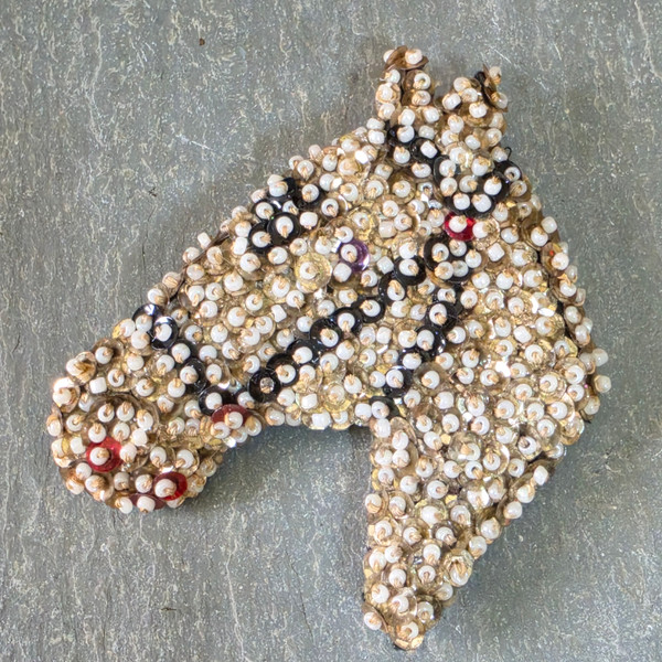 Vintage Sequin Beaded Horse Head Equestrian Brooch Pin Mid Century Handmade
