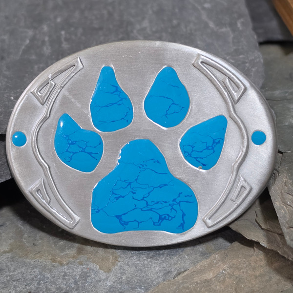 NOS Vintage Native American Style Belt Buckle Enameled Turquoise Bear Paw