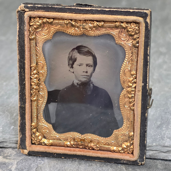 Antique 1/9 Plate Tintype Photo Young Boy Seated Portrait Ornate Gilt Frame