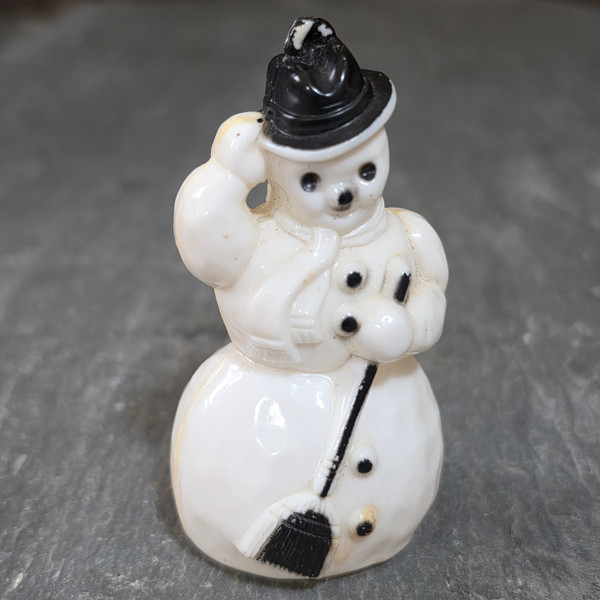 Vintage Hard Plastic Snowman Tipping Top Hat Broom Christmas Ornament Figure