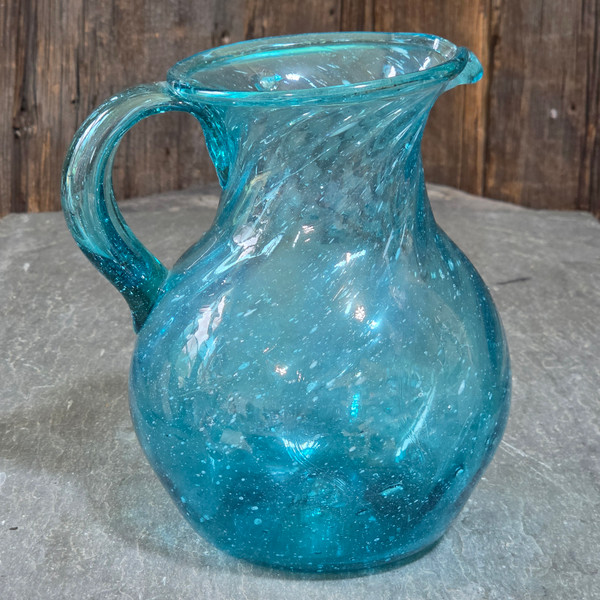 Vintage Hand Blown Aqua Blue Swirl Art Glass Pitcher Seeded Air Bubble Glass