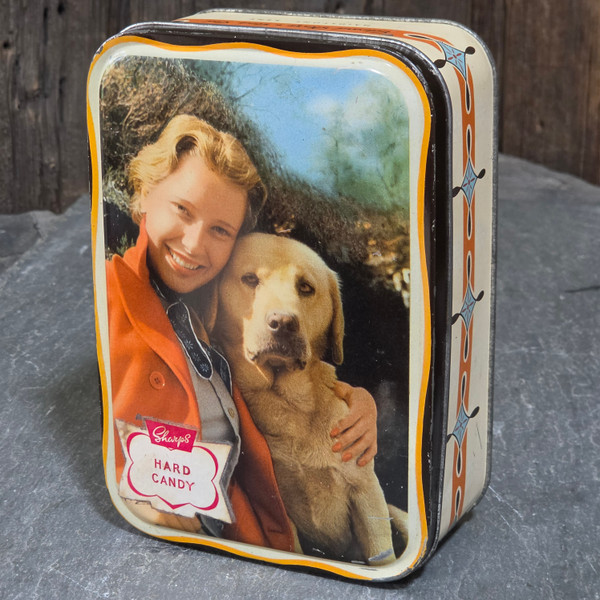 Vintage Sharps Hard Candy Tin Woman & Golden Retriever Dog Maidstone England Box