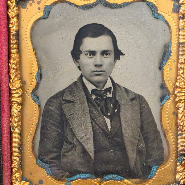 Antique 1/9 Plate Ambrotype Photo Handsome Young Man Polka Dot Cravat Case