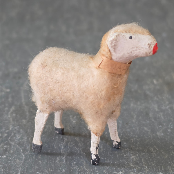 Antique German Putz Sheep Figure Stick Leg Spun Cotton Wool Christmas Nativity